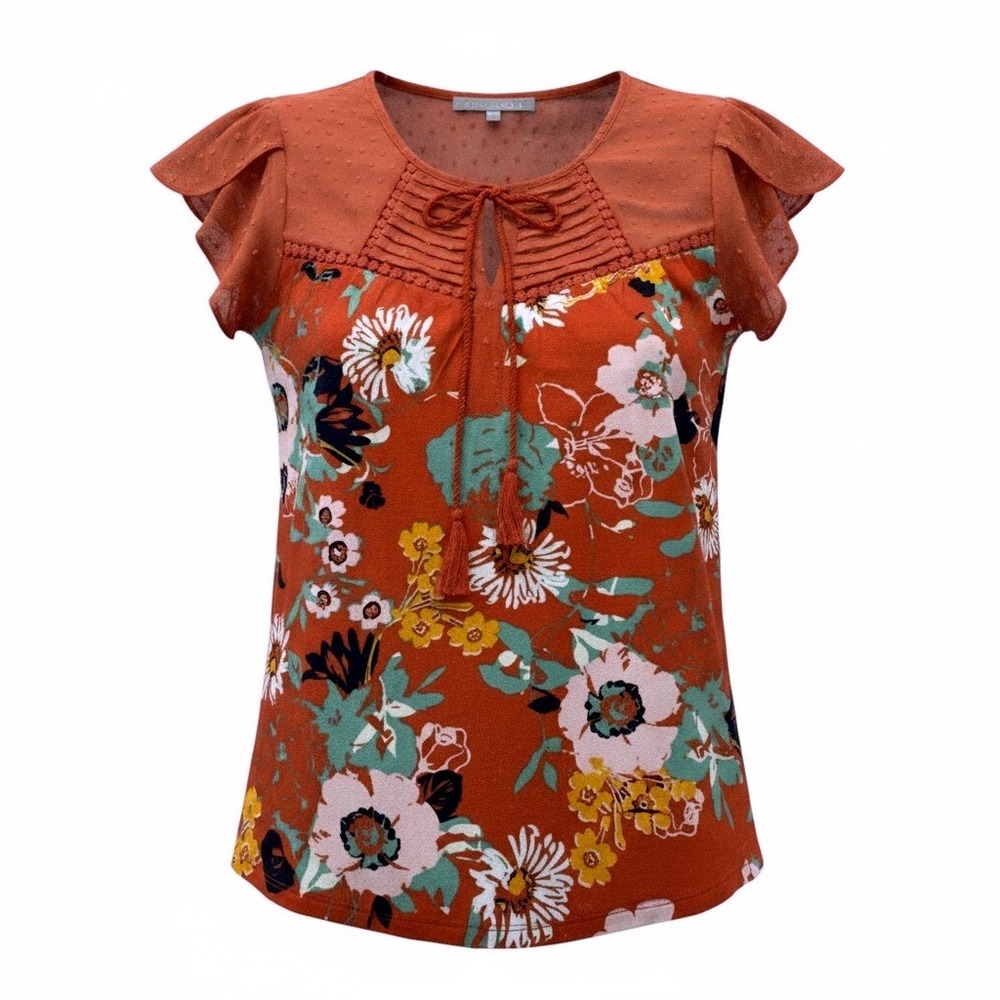 Daniel Rainn Womens Rust Floral Swiss Dot Flutter Sleeve Tie Front Top PXS NEW